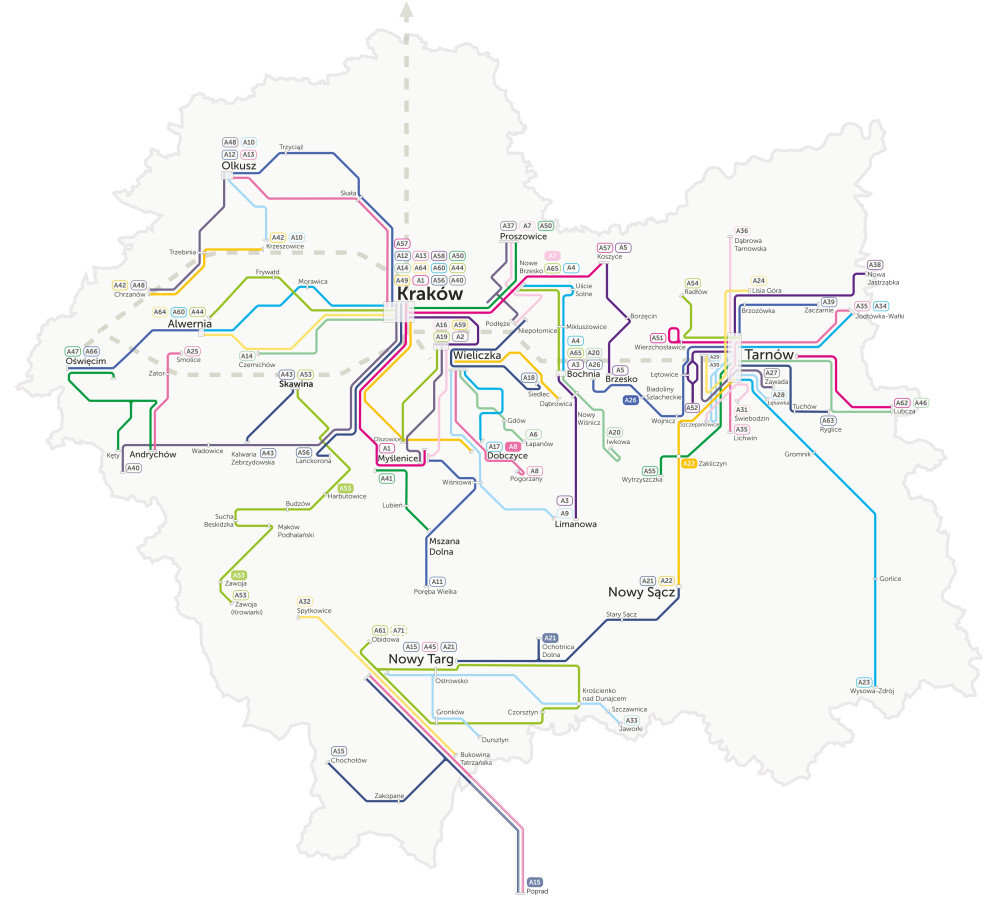 Schemat sieci Małopolskich Linii Dowozowych przedstawiający układ tras autobusowych wraz z numerami poszczególnych linii. Grafika pokazuje przebieg połączeń między miejscowościami, główne węzły komunikacyjne oraz miejsca powiązane z transportem kolejowym.